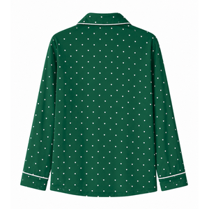 Iota Phi Lambda Sorority Women's <b>Green</b> Heart Print Pajama Set Button Front Long Sleeve Notched Collar Contrast Piping PJs - Product Image 3