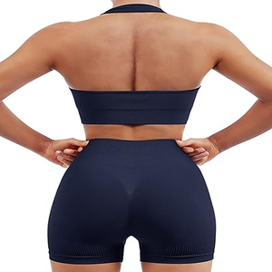Ensemble de sport côtelé sans couture pour femme, short cycliste taille haute froncé aux fesses et brassière de sport, tenue de yoga et de gym, ensemble 2 pièces - Product Image 3