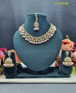 Marquise Cut Stone Studded Antique <b>Gold</b> Plated Necklace <b>Set</b> With Jhumka Earrings And Mang Tika Fashion Jewelry <b>Sets</b> Manufacturer - Product Image 2