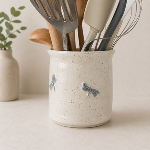 Speckled Ceramic <b>Utensil</b> <b>Holder</b> Embossed Butterfly Design Durable Glaze Finish Heat Resistant Countertop Organizer for <b>kitchen</b> - Product Image 1