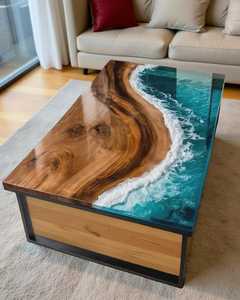 Table basse en résine écologique à motif vague océanique, faite à la main, avec couleur personnalisée et design peint à la main - Product Image 1