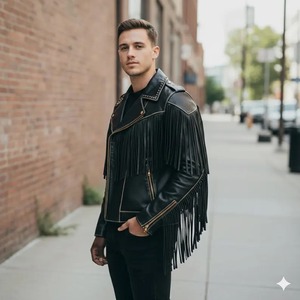 Men's Black Leather <b>Fringed</b> <b>Jacket</b> Studded Lapel Biker Style Outerwear - Product Image 3