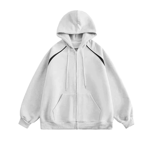 Sweat à capuche unisexe personnalisé avec logo, coupe ample en molleton bouclette, fermeture éclair métallique, manches contrastantes, style streetwear, design vierge - Product Image 4