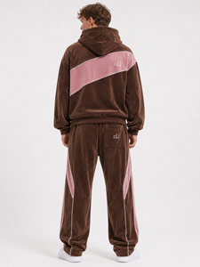 Custom Brown Velour Contrast Panel <b>Hoodies</b> Wide Leg Sweatpants Y2K <b>Oversize</b> Unisex Sweatshirt <b>Lounge</b> Velvet OEM Embroidered Logo - Product Image 3