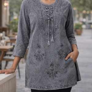 Haut brodé en viscose pour femme, vêtements de plage décontractés à manches longues - Product Image 1