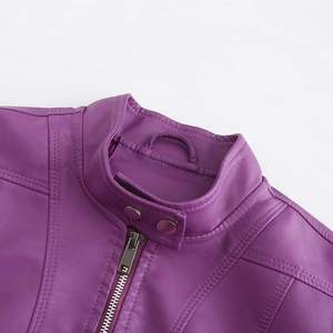 Veste moto en cuir PU violet, coupe ajustée, col montant, fermeture éclair, couleur unie, style automne, veste pour homme - Product Image 3