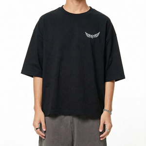 T-shirt en coton noir surdimensionné avec logo brodé en forme d'aile sur le devant, t-shirt décontracté à manches courtes et col rond pour homme - Product Image 1