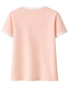 เสื้อยืดคอกลมผู้หญิงสีพีชแบบสั่งทำจากโรงงาน พร้อมปกเสื้อสีขาวตัดกันและแถบแถบคู่ที่แขนเสื้อ  ผ้าฝ้ายลำลองสำหรับฤดูร้อน - Product Image 5