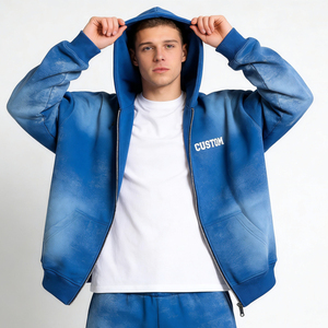 เสื้อฮู้ดดี้ผู้ชายสีน้ำเงินเทรนดี้ ลายมัดย้อม ซิปยาว ทรงโอเวอร์ไซส์ พิมพ์ลายตัวอักษร สวมใส่สบาย สไตล์ลำลอง สตรีทแวร์ - Product Image 2