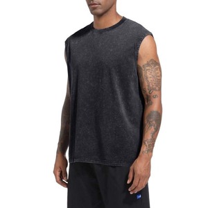 Débardeur sans manches en coton lavé pour homme, col rond, style décontracté uni, noir - Product Image 1