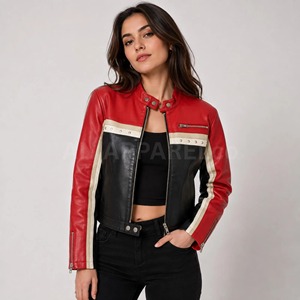 Veste Moto Femme en Cuir PU Rouge et Noir Écologique Respirante Séchage Rapide Fermeture Éclair Col Montant Manches Longues Style Hiver - Product Image 1