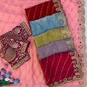 Premium Space Silk Bead Sequins Zari Embroidered Designer <b>Saree</b> with Heavy <b>Stitched</b> Blouse Wholesale Rate By Royal Export - Product Image 1