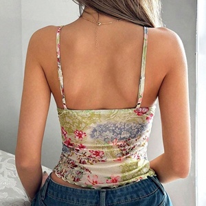 Womens Floral Mesh Cami <b>Top</b> Printed <b>Spaghetti</b> <b>Strap</b> V Neck Lettuce Hem Camisole Manufacturer - Product Image 6