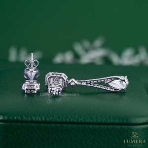 Elegant Emerald And Pear Cut Lab Grown Diamond Split Branch <b>Drop</b> Halo Micro Pave Earring Solid Gold Push <b>Back</b> Dangle Masterpiece - Product Image 5