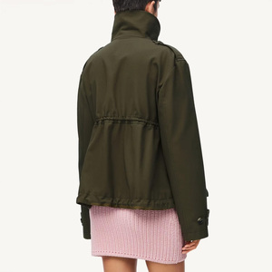 Women's Olive Green Utility Safari <b>Jacket</b> Stand Collar Full Sleeve Zipper Closure Patch Pockets Windproof Autumn Wear - Product Image 2