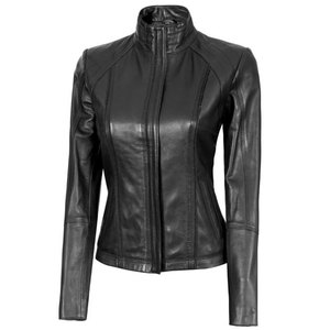 Custom Slim Fit Women’s Black Genuine Lambskin Leather Cafe Racer <b>Jacket</b> Vintage Biker Style Moto Coat with Stand Collar - Product Image 5