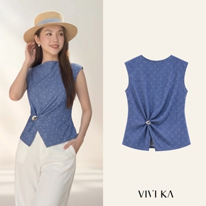 Blusa cruzada sin mangas de lino azul para mujer, estampado de puntos, transpirable, informal, para primavera y verano, MORGAN - Product Image 1