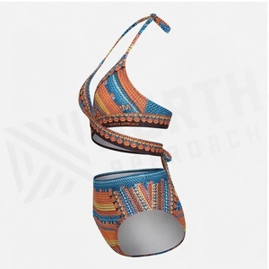 Ensemble bikini 2 pièces pour femme à imprimé géométrique, haut croisé à nouer et bas taille haute extensible avec détail cordon de serrage - Product Image 3