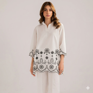 Luxury <b>White</b> 100% Cotton Casual Solid Sleeveless Embroidered Woven Chiffon <b>2</b>-<b>Piece</b> Long <b>Set</b> with O-Neck - Product Image 1