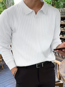 Camiseta de punto acanalada de manga larga para hombre, estilo casual, cuello solapa sin botones, ajuste slim, textura texturizada, color liso, diseño personalizado ODM. - Product Image 5