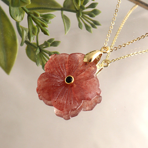Luxurious cherry quartz blossom pendant necklace black cz gemstone 18k gold plated brass <b>cable</b> chain handmade statement jewelry - Product Image 2