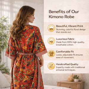 ชุดคลุมกิโมโนผ้าฝ้ายลายต้นปาล์มสีส้มแปลกตาสำหรับผู้หญิง คอวี แขนยาว ความยาวเต็มตัว แต่งเส้นตัดกัน มีกระเป๋า 2 ช่อง ชุดนอนสำหรับพักผ่อน - Product Image 4