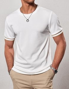 Men's <b>White</b> Short Sleeve O-Neck T-<b>Shirt</b> <b>Slim</b> <b>Fit</b> Cotton Jersey Casual Solid Color Breathable Knitted Top - Product Image 5