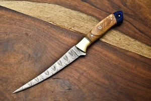 Cuchillo de filetear artesanal de Damasco |   Cuchillo de Chef Forjado a Mano, Mango de Madera, Personalizable OEM, Espesor de Hoja de 0.45mm, Punta Caída para Cocina - Product Image 4