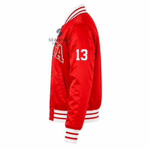 Delta |   Sigma |   Chaqueta universitaria roja de satén para mujer Theta con botones a presión, letras griegas bordadas, cuello y puños de punto a rayas, ropa exterior - Product Image 3