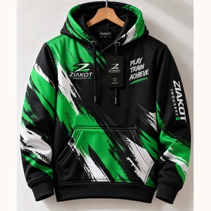 Sudadera Deportiva con Diseño 3D en Negro y Verde Neón, Estilo Papel Rasgado, Personalizada y Cosida por ZIAKOT INDUSTRY, Venta Directa al Por Mayor - Product Image 2