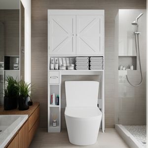 Mobiletto Salvaspazio a 2 Ante da Posizionare Sopra il WC, Stile Rustico, Scaffale per Bagno e Lavanderia - Product Image 2