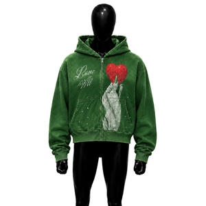 เสื้อฮู้ดซิปผู้ชายสีเขียวแบบกำหนดเอง พิมพ์ลายหัวใจ Love Me ผ้าฟลีซลำลองสำหรับฤดูหนาว สไตล์โมเดิร์นสตรีทแวร์ ทรงโอเวอร์ไซส์ ปักลาย 100% - Product Image 1