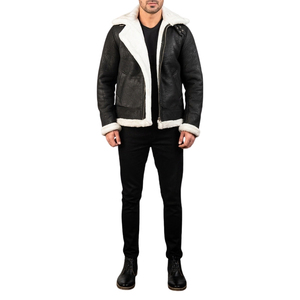 <b>Men's</b> Black Genuine Leather Jacket Sherpa Fur Collar Moto Biker Zipper <b>Winter</b> <b>Coat</b> - Product Image 1