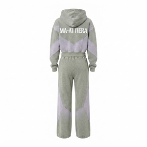 Conjunto deportivo informal de dos piezas para mujer, con sudadera corta con cremallera y bloques de color, y pantalones deportivos de pierna ancha. - Product Image 3
