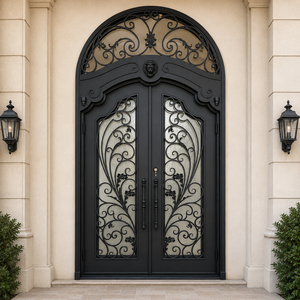 Puertas de Entrada Dobles de Hierro Forjado Personalizadas con Vidrio, Puertas de Seguridad de Lujo para Villas y Casas Residenciales - Product Image 3
