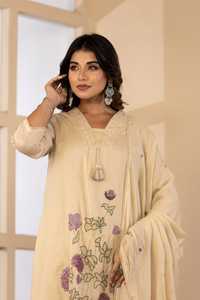 Premium Mul Cotton Beige Embroidered A Line Suit Set <b>Women</b> Ethnic <b>Kurta</b> with Matching Dupatta Boutique Wear - Product Image 4