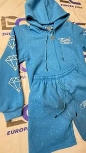 Street Style Custom Embroidery Logo Distressed Embroidery on Back Shorts <b>Set</b> Cotton Fleece Rhinestone 2 Piece <b>Set</b> - Product Image 2