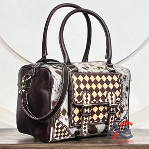 Nouveau Sac à Main Tendance Grande Capacité en Cuir de Vachette Gratté à Motif Damier, Sac Bandoulière en Peau de Bête pour Femme - Product Image 1