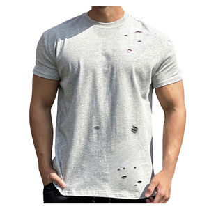 Camiseta de Manga Corta para Hombre, Color Gris, Estilo Desgastado, Cuello Redondo, Algodón Sólido, Corte Regular, Informal, Tejido Transpirable, Estilo Urbano - Product Image 4