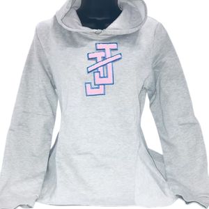 Women’s Light Grey Hooded Sweatshirt with Flared <b>Bell</b> Sleeves Embroidered Chest Design Casual Long Sleeve Pullover Fashion Top - Product Image 1