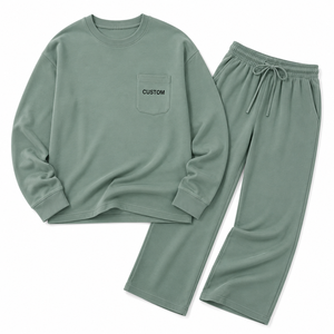 OEM Women Tracksuit <b>Set</b> Cotton Blend Crew Neck Sweatshirt Wide Leg <b>Jogger</b> Pants Chest Pocket Custom Logo Private Label Supplier - Product Image 3