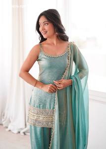 Designer Fancy Silk with Embroidery Cording-Real <b>Mirror</b> work Sleeveless Short-Suit-Flared Plazzo-Dupatta Wholesale Supply - Product Image 4