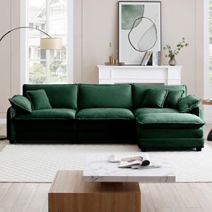 Divano Sezionale a L a 3 Posti Oversize in Velluto a Coste Verde con Pouf, Arredamento per Soggiorno con Un Poggiapiedi per Camere da Letto - Product Image 2