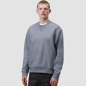 Sweat-shirt à col rond gris uni pour homme, coupe régulière, sweat-shirt en molleton surdimensionné à col rond, manches longues - Product Image 3