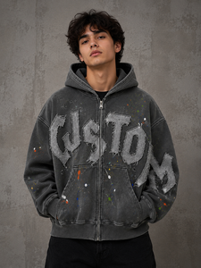 Custom Vintage Oversized Washed Gray Zip Hoodie Distressed Patchwork Graphics Streetwear Sweatshirt <b>Paint</b> Splatter Casual Unisex - Product Image 3