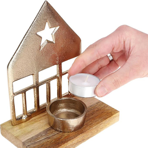 Porte-bougie de Noël en forme de maison, en aluminium et bois de manguier, décoration de Noël en forme de maison pour bougies chauffe-plat - Product Image 3