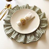 Set de table carré en lin brodé fait main à rayures vertes avec volants et serviettes en coton-lin pour mariage et fête
