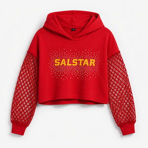 SALSTAR Women's Cropped <b>Hoodie</b> <b>Red</b> Mesh Lantern Sleeve Sequined Logo Sweatshirt Summer Casual Wear - Product Image 3