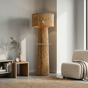 Lampe sur pied moderne en bambou naturel Sena, faite à la main, avec LED, petite, à commande tactile, abat-jour jaune, écologique, personnalisable, pour hôtel et salon - Product Image 6