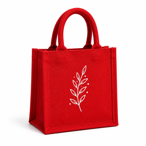 ถุงช้อปปิ้งปอกระเจาสีแดงลายใบไม้สีขาวขนาดเล็กถุงของขวัญแบบถือ - Product Image 1